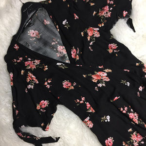 Black Floral High Low Wrap Dress With Tie Sleeves